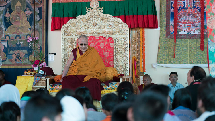 His Holiness the Dalai Lama speaking to students, monks and nuns during their meeting in Disket, Nubra Valley, J&K, India on July 11, 2017. Photo by Tenzin Choejor/OHHDL