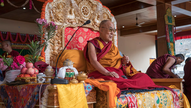 His Holiness the Dalai Lama conducting preparatory rituals for the Avalokiteshvara Permisssion in Disket, Nubra Valley, J&K, India on July 12, 2017. Photo by Tenzin Choejor/OHHDL