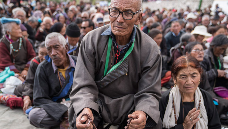 Members of the audience listening to His Holiness the Dalai Lama during the final day of his teachings in Disket, Nubra Valley, J&K, India on July 13, 2017. Photo by Tenzin Choejor/OHHDL