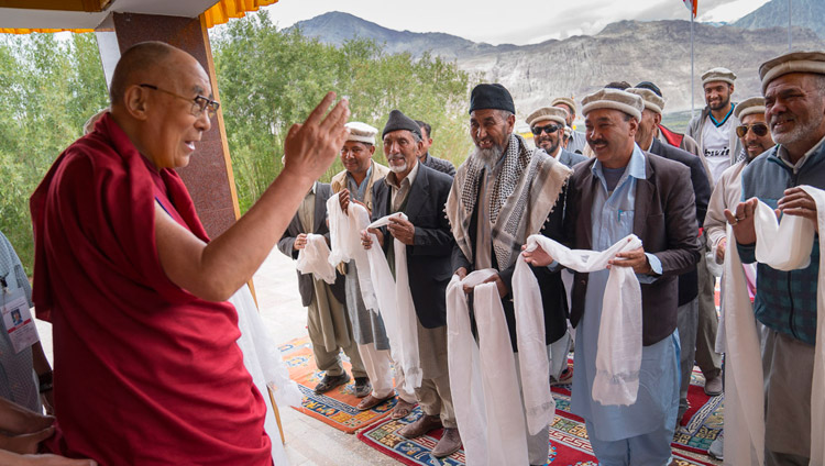 His Holiness the Dalai Lama with representatives of the Muslim community from Turtuk after their meeting in Disket, Nubra Valley, J&K, India on July 13, 2017. Photo by Tenzin Choejor/OHHDL