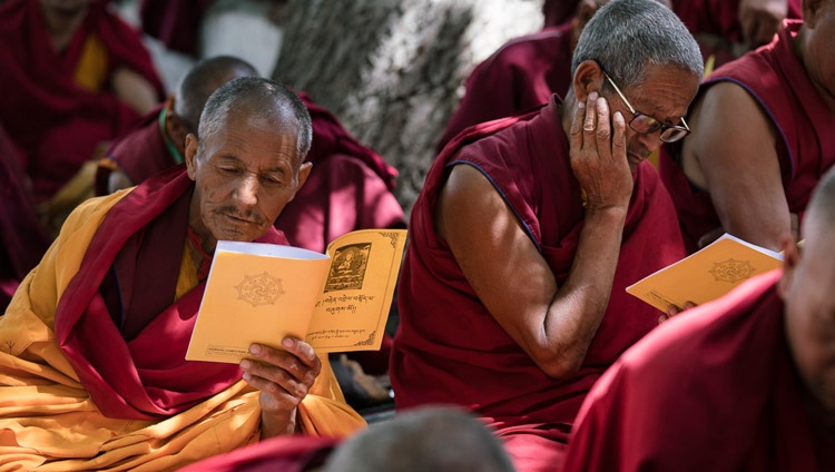 Members of the monastic community following the text during His Holiness the Dalai Lama's teaching in Sumur, Nubra Valley, J&K, India on July 14, 2017. Photo by Tenzin Choejor/OHHDL