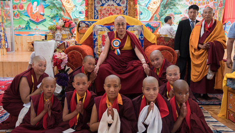 His Holiness the Dalai Lama with nuns who demonstrated Buddhist philosophical debate during the inauguration ceremony at Dudjom Nunnery in Shey, Ladakh, J&K, India on July 26, 2017. Photo by Tenzin Choejor/OHHDL