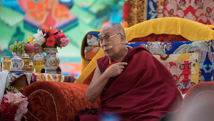 His Holiness the Dalai Lama speaking at the inauguration ceremony at Dudjom Nunnery in Shey, Ladakh, J&K, India on July 26, 2017. Photo by Tenzin Choejor/OHHDL