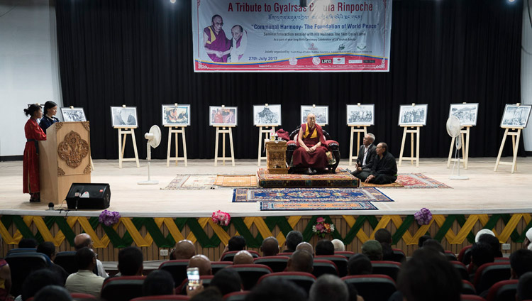 Presenters reading questions from the audience to His Holiness the Dalai Lama during he Seminar on Communal Harmony in Leh, Ladakh, J&K, India on July 27, 2017. Photo by Tenzin Choejor/OHHDL