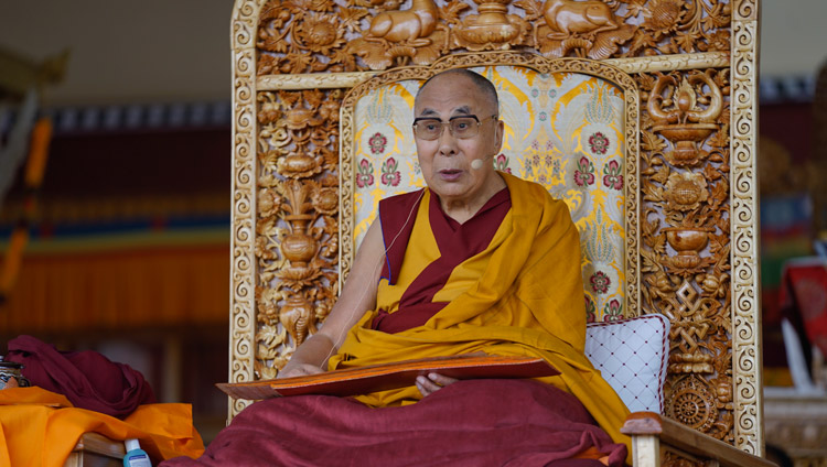 His Holiness the Dalai Lama on the second day of his teachings in Leh, Ladakh, J&K, India on July 29, 2017. Photo by Tenzin Choejor/OHHDL