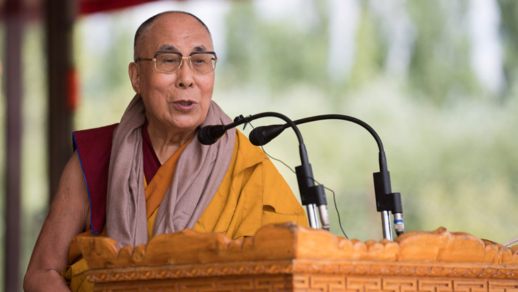 His Holiness the Dalai Lama speaking to the crowd at the conclusion of his teachings in Leh, Ladakh, J&K, India on July 30, 2017. Photo by Tenzin Choejor/OHHDL