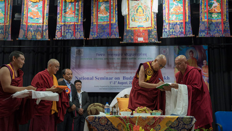 His Holiness the Dalai Lama releasing three books at the start of the seminar on ‘Buddhism in Ladakh’ at the Central Institute of Buddhist Studies in Leh, Ladakh, J&K, India on August 1, 2017. Photo by Tenzin Choejor/OHHDL