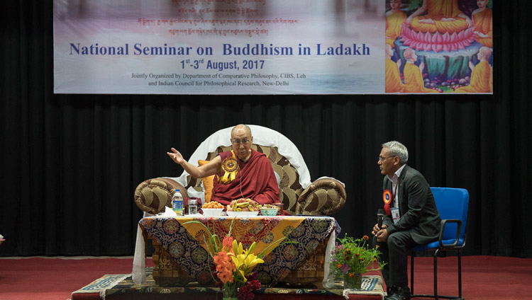 His Holiness the Dalai Lama addressing the audience on the first day of the three day seminar on ‘Buddhism in Ladakh’ at the Central Institute of Buddhist Studies in Leh, Ladakh, J&K, India on August 1, 2017. Photo by Tenzin Choejor/OHHDL