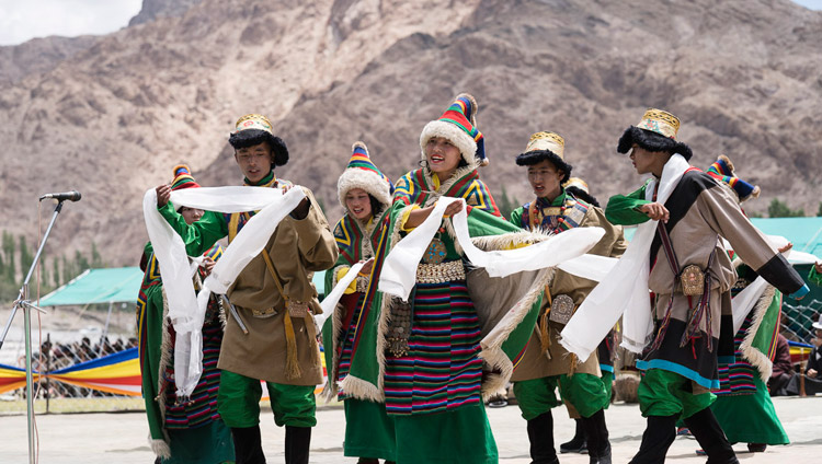 Students performing at a final reception for His Holiness the Dalai Lama at the Shiwatsel teaching ground in Leh, Ladakh, J&K, India on August 1, 2017. Photo by Tenzin Choejor/OHHDL