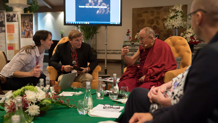 His Holiness the Dalai Lama interacting with Maria Falikman after her presentation on the second day of dialogue with Russian scientists in New Delhi, India on August 8, 2017. Photo by Tenzin Choejor/OHHDL