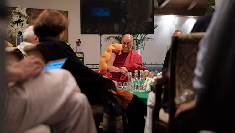 His Holiness the Dalai Lama listening to the final presentation on the second day of dialogue with Russian scientists in New Delhi, India on August 8, 2017. Photo by Tenzin Choejor/OHHDL