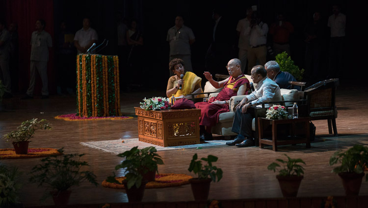 His Holiness the Dalai Lama answering questions from the audience during his talk at the Siri Fort Auditorium in New Delhi, India on August 10, 2017. Photo by Tenzin Choejor/OHHDL