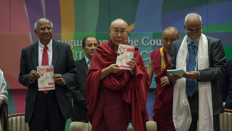 His Holiness the Dalai Lama in the formal launch of the course in Secular Ethics with the release of the course primer at Tata Institute of Social Sciences in Mumbai, India on August 14, 2017. Photo by Tenzin Choejor/OHHDL