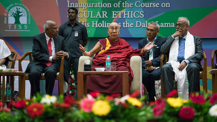 His Holiness the Dalai Lama answering questions from the audience during the launch of the Secular Ethics for Higher Education course at Tata Institute of Social Sciences in Mumbai, India on August 14, 2017. Photo by Tenzin Choejor/OHHDL