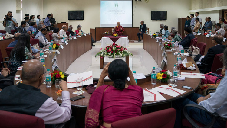 His Holiness the Dalai Lama meeting with industry leaders and university vice-chancellors at Tata Institute of Social Sciences in Mumbai, India on August 14, 2017. Photo by Tenzin Choejor/OHHDL