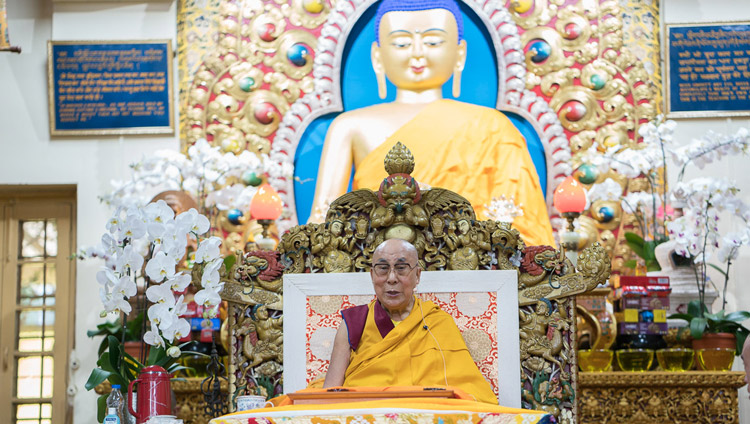 His Holiness the Dalai Lama addressing the crowd during the first day of his four day teaching at the Tsuglagkang in Dharamsala, HP, India on August 29, 2017. Photo by Tenzin Phuntsok/OHHDL