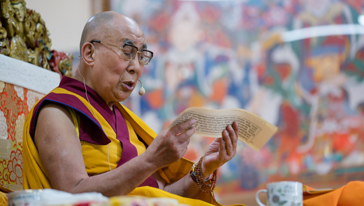 His Holiness the Dalai Lama reading from the text on the second day of his four day teaching for SE Asians at the Tsuglagkhang in Dharamsala, HP, India on August 30, 2017. PHoto by Ven Lobsang Kunga/OHHDL