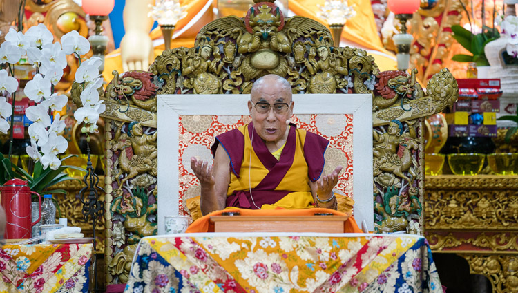 His Holiness the Dalai Lama's speaking on the third day of teachings at the Tsuglagkhang in Dharamsala, HP, India on August 31, 2017. Photo by Tenzin Phutsok/OHHDL