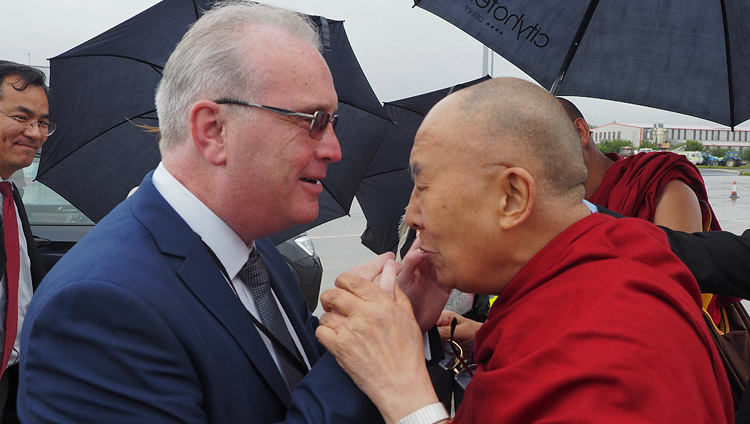 Richard Moore greeting His Holiness the Dalai Lama on his arrival in Derry, Northern Ireland, UK on September 10, 2017. Photo by Jeremy Russell/OHHDL