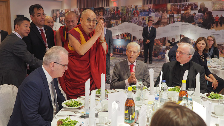 His Holiness the Dalai Lama greeting members and supporters of Children in Crossfire at a luncheon in Derry, Northern Ireland, UK on September 10, 2017. Photo by Jeremy Russell/OHHDL