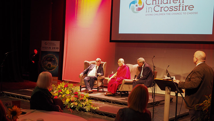 A view of the stage at the Millennium Forum during the conference on Educating the Heart organized by Children in Crossfire in Derry, Northern Ireland, UK on September 11, 2017. Photo by Jeremy Russell/OHHDL