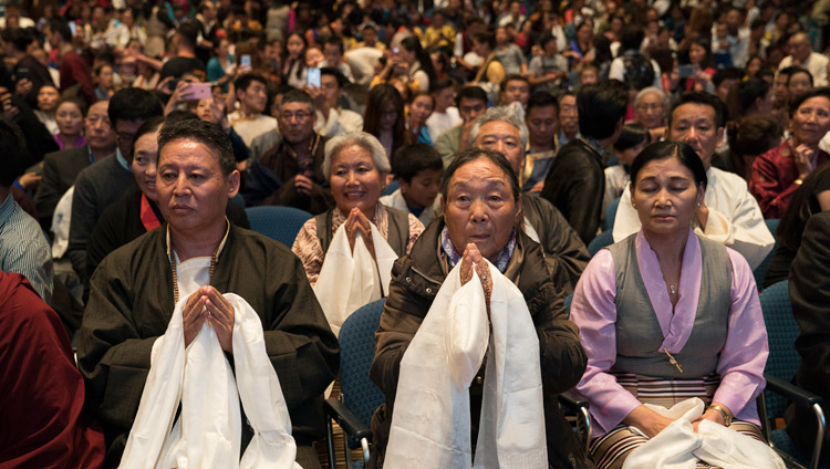 Some of the over 1500 members of the Tibetan community listening to His Holiness the Dalai Lama during their meeting at the Jahrhunderthalle in Frankfurt, Germany on September 13, 2017. Photo by Tenzin Choejor