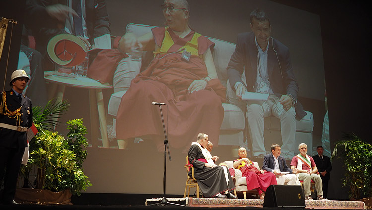 His Holiness the Dalai Lama speaking at the Vittorio Emanuele Theatre in Messina, Sicily, Italy on September 17, 2017. Photo by Jeremy Russell