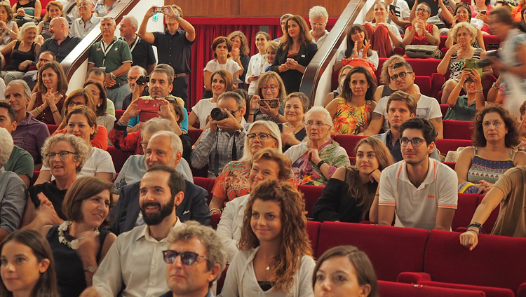  Members of the 1200 strong audience listening to His Holiness the Dalai Lama at the Vittorio Emanuele Theatre in Messina, Sicily, Italy on September 17, 2017. Photo by Jeremy Russell