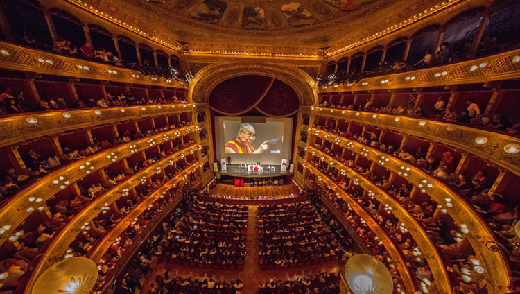 His Holiness the Dalai Lama speaking at the Massimo Theatre in Palermo, Sicily, Italy on September 18, 2017. Photo by Paolo Regis