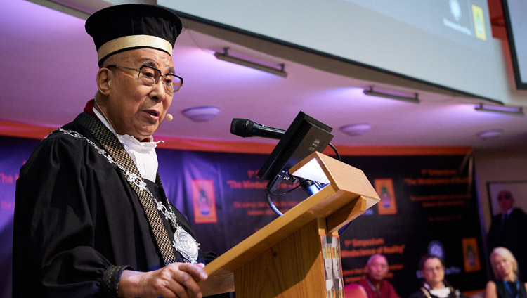 His Holiness the Dalai Lama delivering his lecture during the ceremony to award him the Master’s Degree Honoris Causa in Clinical and Health Psychology at the University of Pisa in Pisa, Italy on September 21, 2017. Photo by Olivier Adam