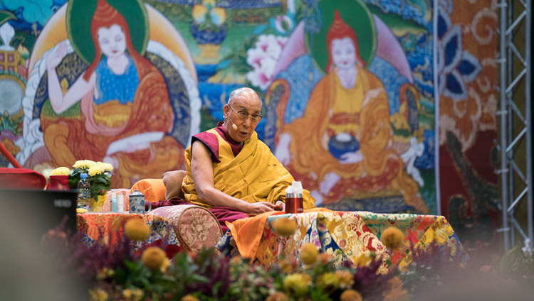 His Holiness the Dalai Lama speaking on the second day of his teachings at Skonto Hall in Riga, Latvia on September 24, 2017. Photo by Tenzin Choejor