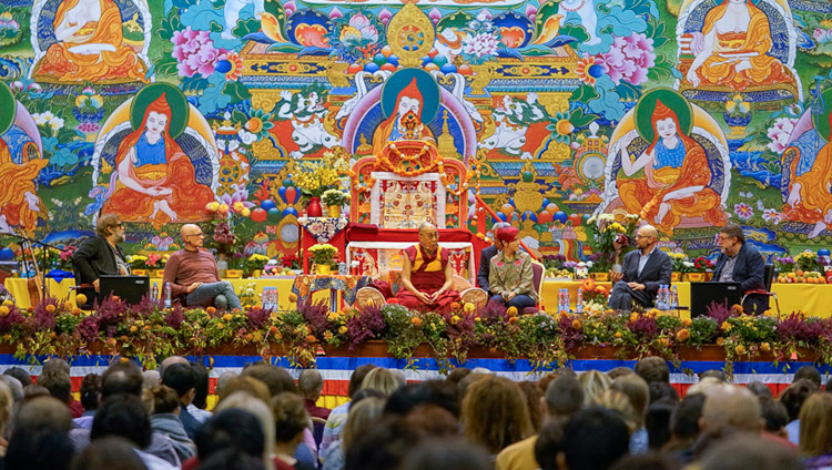 His Holiness the Dalai Lama taking part in a public dialogue at Skonto Hall in Riga, Latvia on September 25, 2017. Photo by Tenzin Choejor