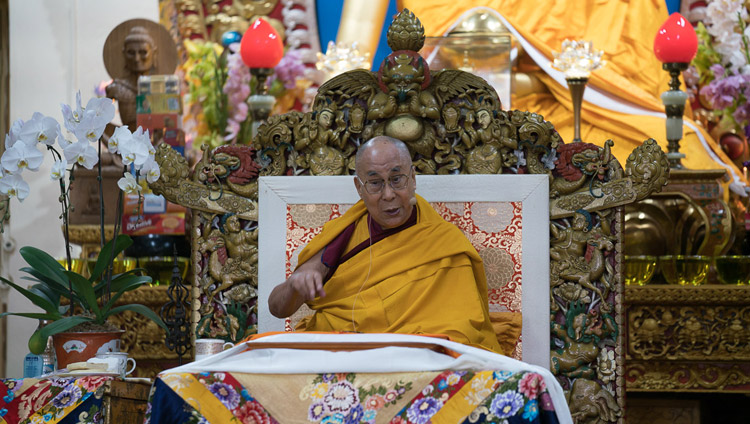 His Holiness the Dalai Lama speaking on the first day of his teachings at the Tsuglagkhang in Dharamsala, HP, India on October 3, 2017. Photo by Tenzin Choejor