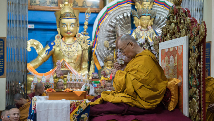 His Holiness the Dalai Lama performing preparatory rituals for the White Tara Long Life Empowerment before the start of the final day of his teachings at the Tsuglagkhang in Dharamsala, HP, India on October 6, 2017. Photo by Tenzin Choejor