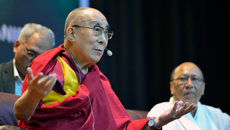 His Holiness the Dalai Lama speaking at the City Convention Center hall in Imphal, Manipur, India on October 18, 2017. Photo by Lobsang Tsering