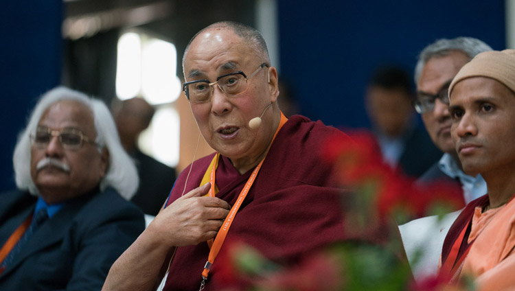 His Holiness the Dalai Lama addressing Tibetan students in the audience during the conference on Science, Spirituality & World Peace in Dharamsala, HP, India on November 4, 2017. Photo by Tenzin Choejor