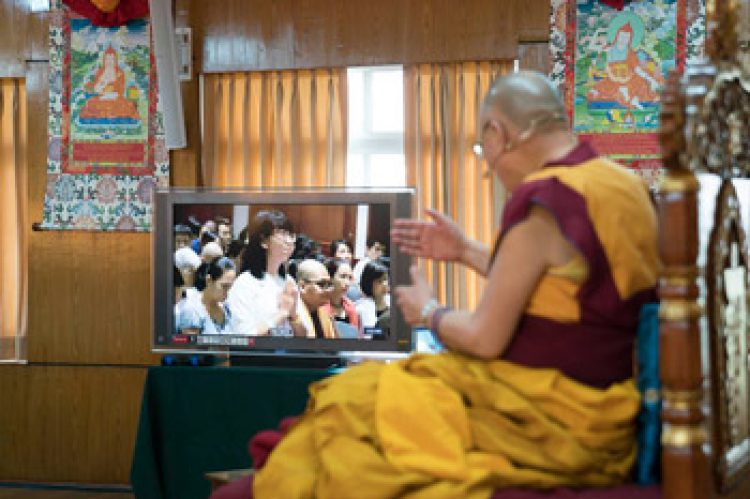 His Holiness the Dalai Lama answering a question from a viewer in Vietnam through a video conference link from his residence in Dharamsala, HP, India on October 29, 2016. Photo/Tenzin Choejor/OHHDL