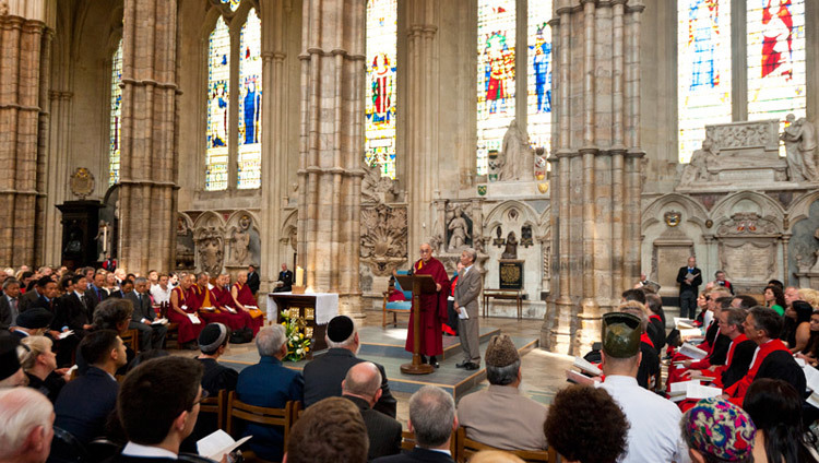 His Holiness the Dalai Lama addresses the congregation including representatives from different religious groups during a service of prayer and reflection at Westminster Abbey in London, England, on June 20, 2012. (Photo by Ian Cumming)