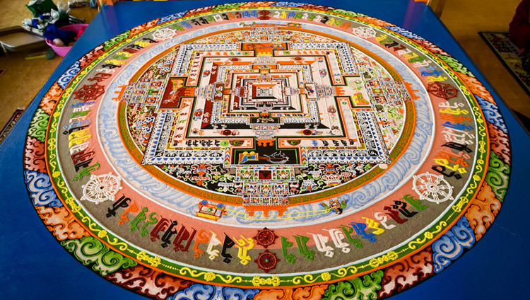 The completed Kalachakra sand mandala constructed during the 33rd Kalachakra Empowerment in Leh, Ladakh, J&K, India in July of 2014. (Photo by Tenzin Choejor/OHHDL)