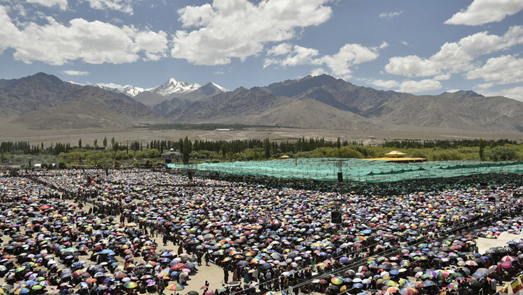 A view of the crowd at the Shiwatsel Teaching Ground, venue for the 33rd Kalachakra Empowerment in Leh, Ladakh in July of 2014. (Photo by Tenzin Choejor/OHHDL)
