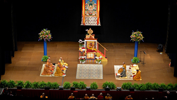 His Holiness the Dalai Lama teaching on the "8 Verses for Training the Mind" at the Wang Center for Performing Arts in Boston, MA, USA on October 30, 2014. (Photo by Sonam Zoksang)