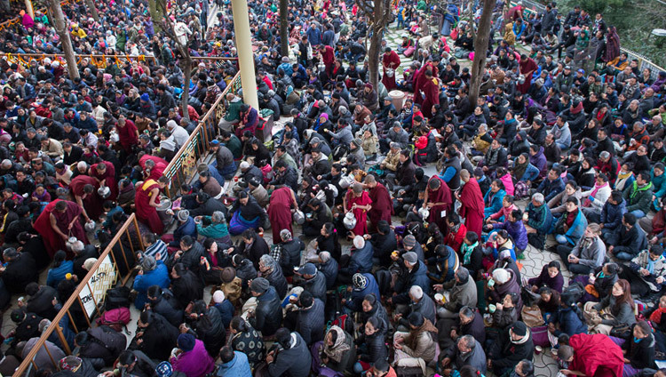 Thousands of Tibetans and visitors gathered to attend His Holiness the Dalai Lama's Jataka Tales (Stories of the Buddha's Previous Lives) teaching in the courtyard of the Main Tibetan Temple in Dharamsala, HP, India on March 5, 2015. Photo/Tenzin Choejor/OHHDL