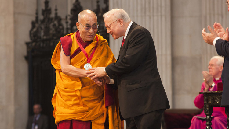 His Holiness the Dalai Lama receiving the Templeton Prize in a ceremony in London, UK on May 14, 2012.