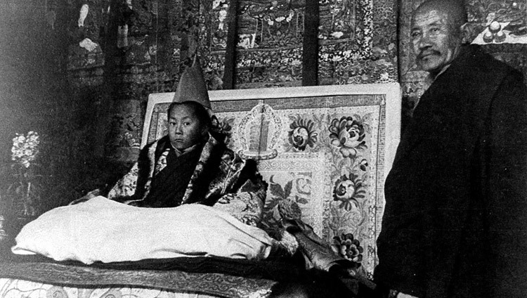 His Holiness sitting on the throne during his official enthronement ceremony in Lhasa, Tibet on February 22, 1940.