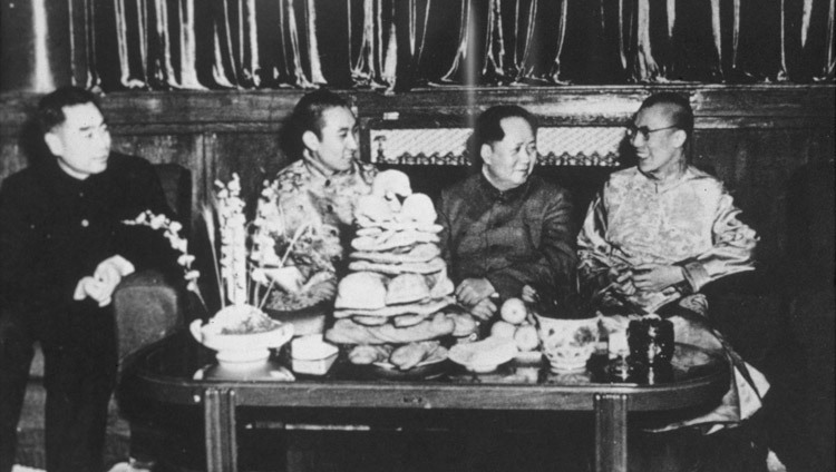 Zhou En-Lai, Panchen Lama, Mao Tse-Tung and His Holiness the Dalai Lama in Beijing, China in 1955. (Photo courtesy Tibet Images)